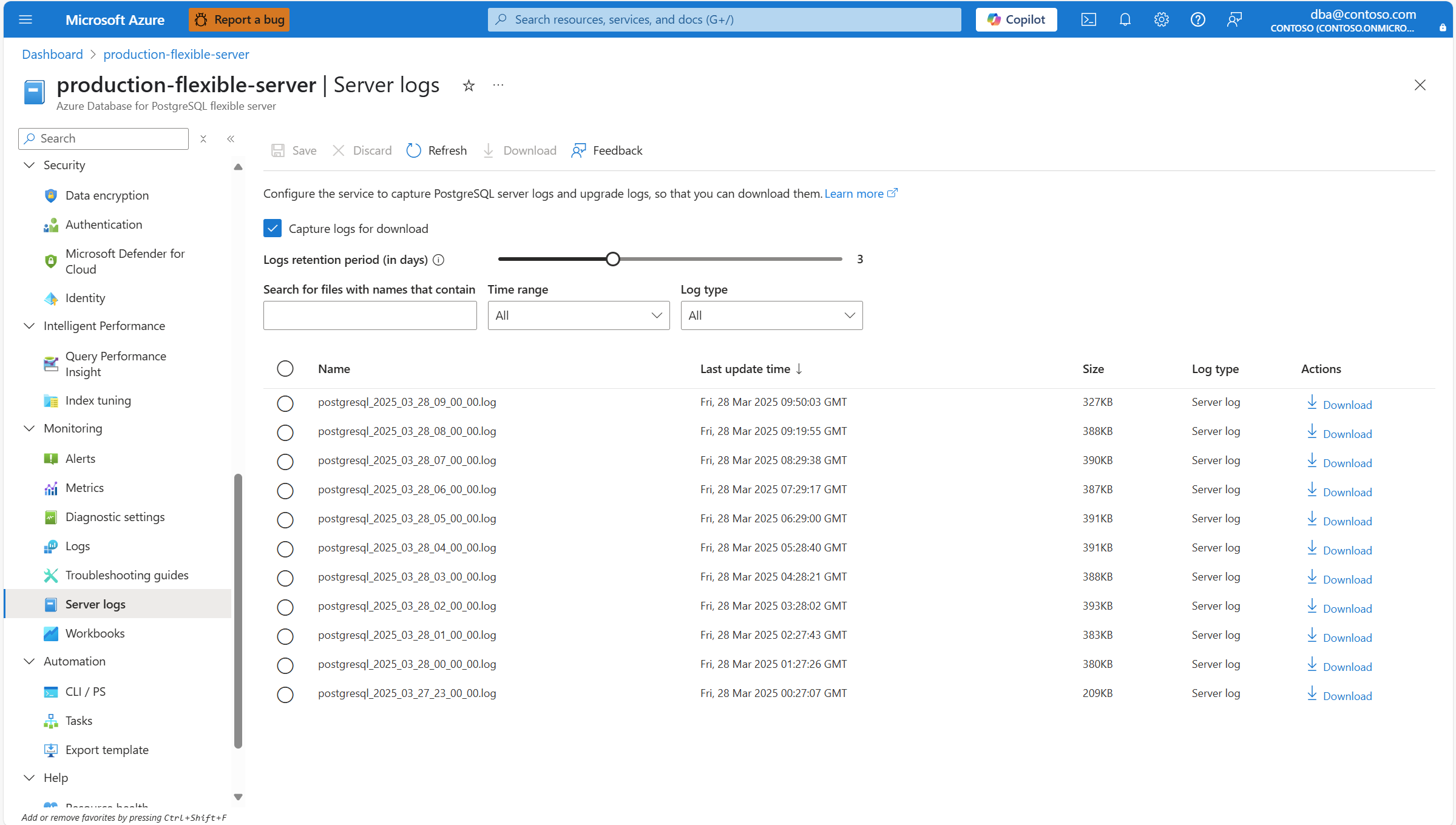 屏幕截图显示了服务器日志页面，其中包含一些日志并突出显示列标题。
