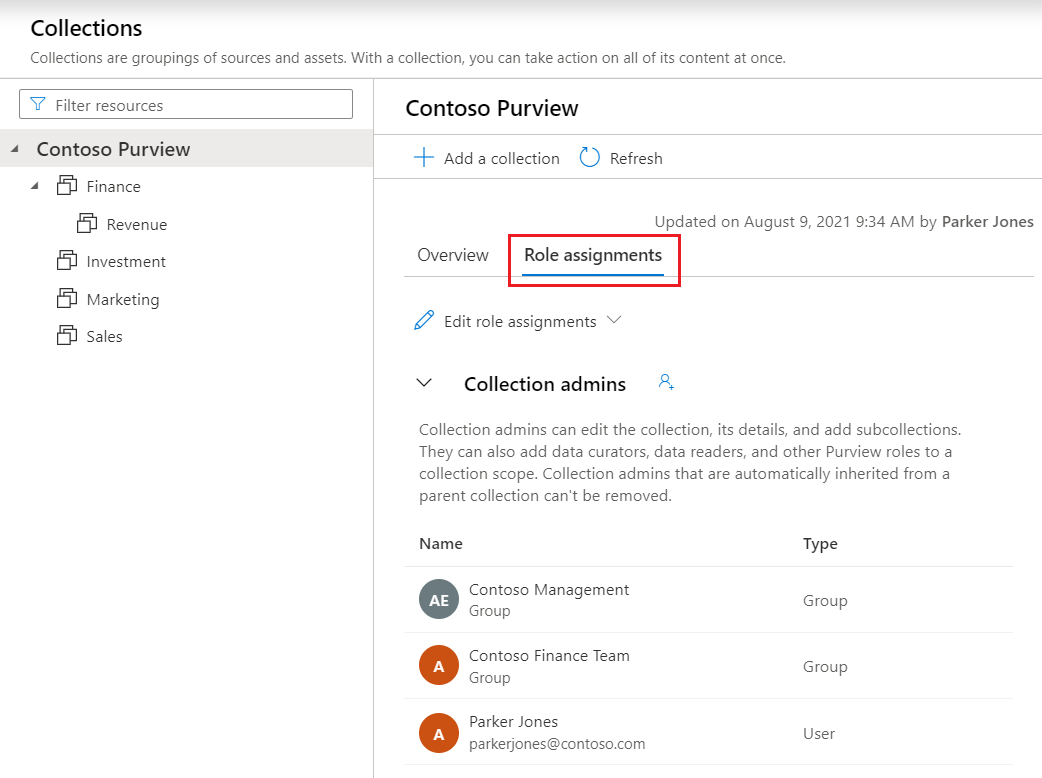经典 Microsoft Purview 治理门户窗口的屏幕截图，该窗口已打开数据映射，其中突出显示了“角色分配”选项卡。