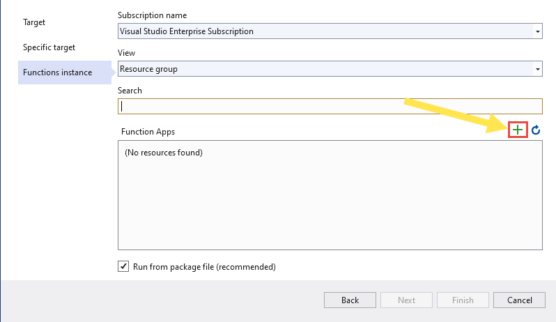 显示“Visual Studio - 发布”对话框的“添加函数”按钮的屏幕截图。