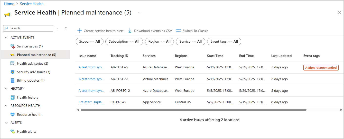 Azure 服务运行状况中受计划内维护影响的资源的屏幕截图。