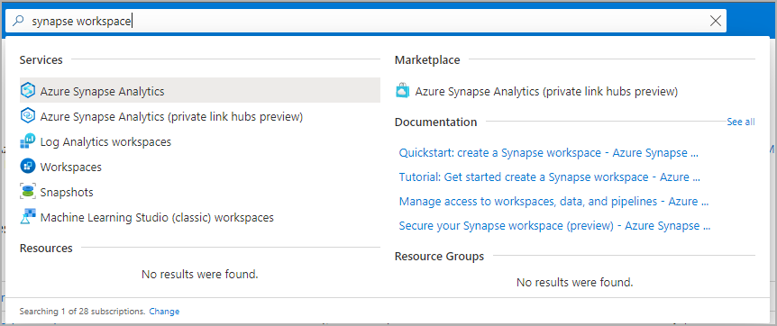 Azure 门户搜索栏，其中键入了 Synapse 工作区。