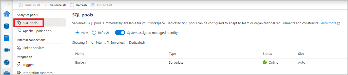 Synapse Studio 管理中心的屏幕截图，其中选择了“SQL 池”导航。