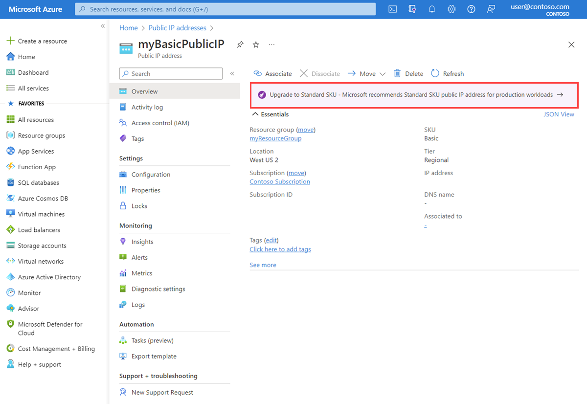 屏幕截图显示 Azure 门户中用于升级基本 IP 地址的升级横幅。