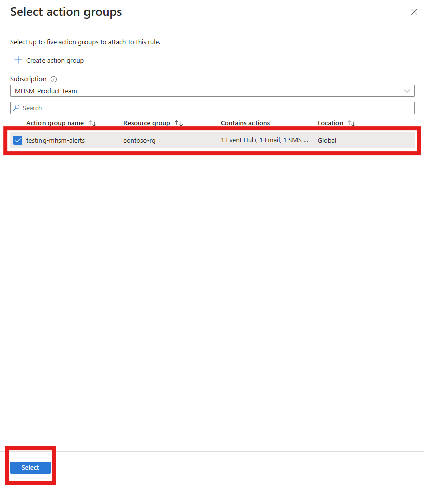 屏幕截图显示了如何为警报规则选择操作组。