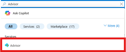 屏幕截图显示了如何在 Azure 门户中搜索“顾问”。