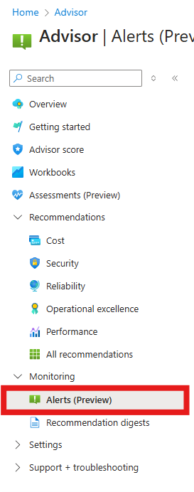 显示在 Advisor 中的“监视”下选择“警报”的屏幕截图。