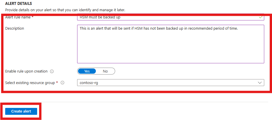 屏幕截图显示了如何输入警报规则的名称并选择资源组。