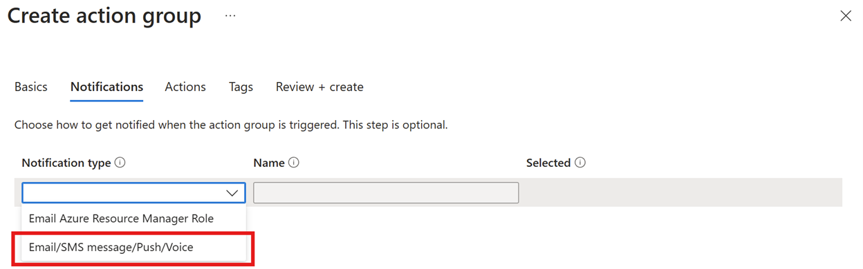 屏幕截图显示了如何选择电子邮件/短信/推送/语音作为通知类型。