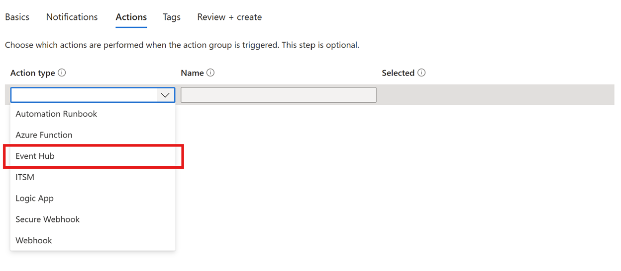 屏幕截图显示了如何选择“事件中心”作为操作类型。