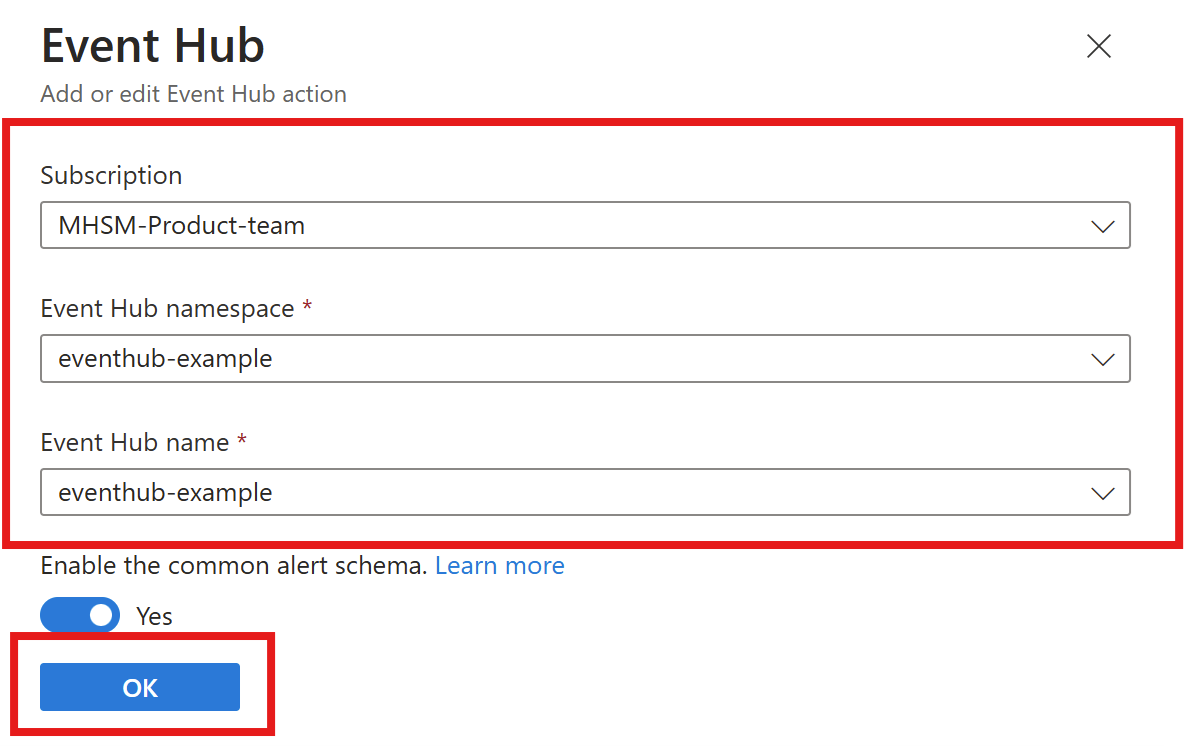 屏幕截图显示了如何输入事件中心命名空间和名称。