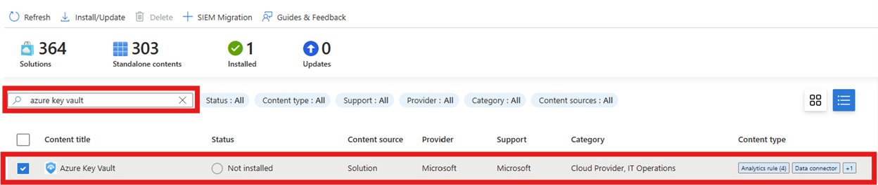在“内容中心”搜索“Azure Key Vault”的屏幕截图。