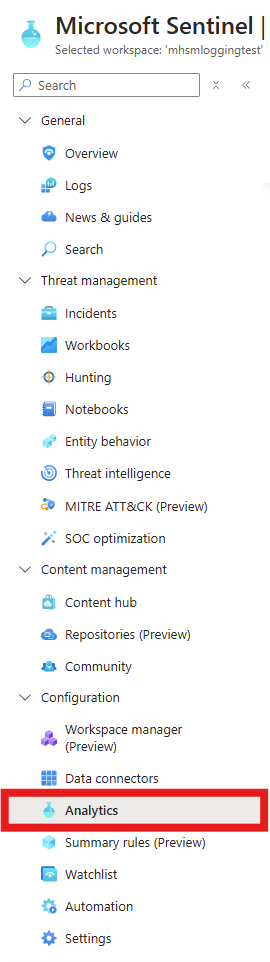 Microsoft Sentinel 中“配置”下的“分析”的屏幕截图。
