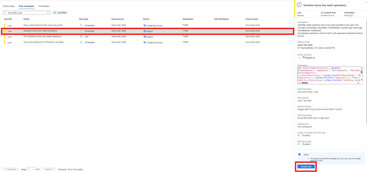 Key Vault 敏感操作的“创建规则”选项的屏幕截图。