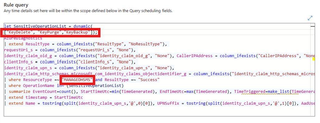 “设置规则逻辑”选项卡的屏幕截图,其中包含托管 HSM 的规则查询。
