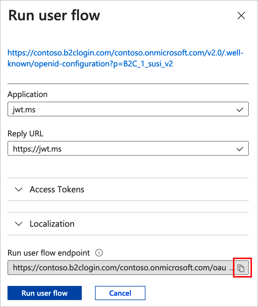 Azure门户中“运行用户流”页的屏幕截图，其中突出显示了“运行用户流终结点”文本框的复制按钮。