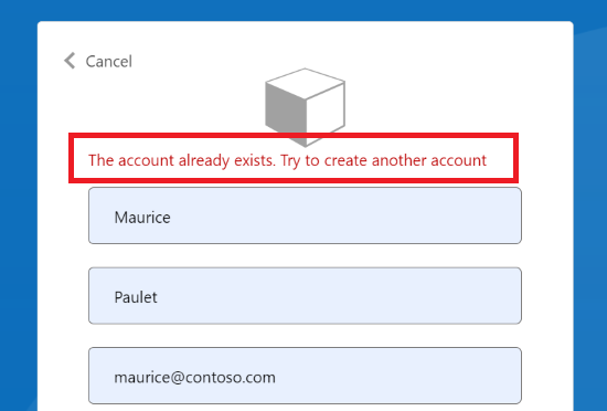 由于帐户已存在而引发的错误的屏幕截图。