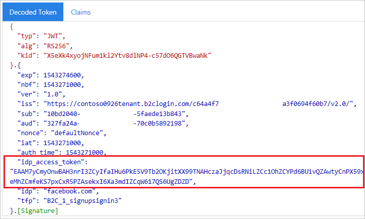 jwt.ms 中突出显示了 idp_access_token 块的已解码令牌