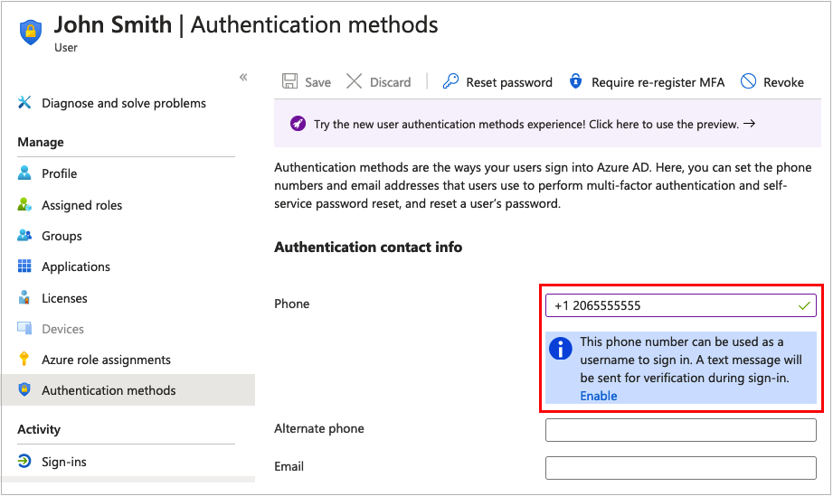 Azure 门户中示例用户的“身份验证方法”页的屏幕截图。突出显示电话号码的文本框。