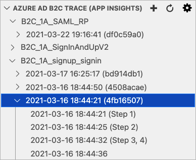 适用于 VS Code 的 Azure AD B2C 扩展的屏幕截图，其中显示了 Azure Application Insights 跟踪。