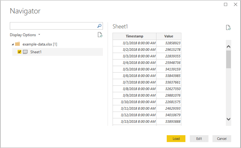 Power BI 中数据源“导航器”屏幕的图像