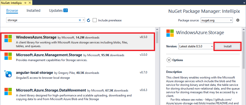 安装 WindowsAzure.Storage