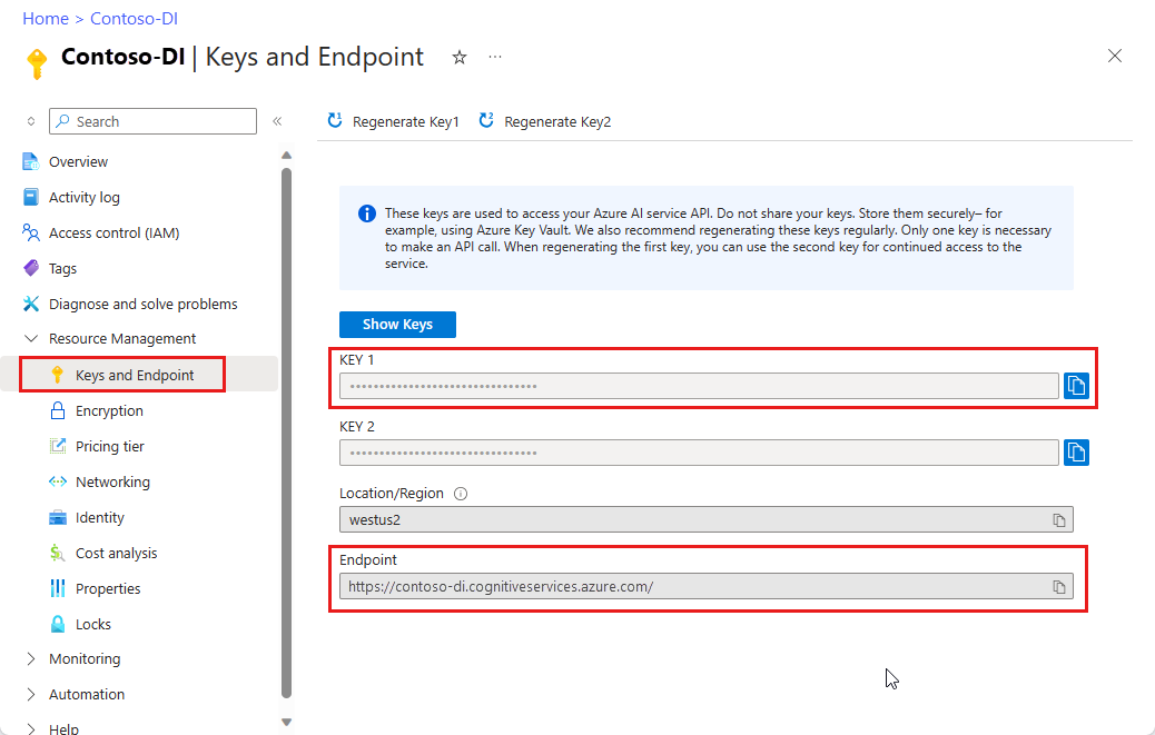 显示 Azure 门户中的密钥和终结点位置的屏幕截图。