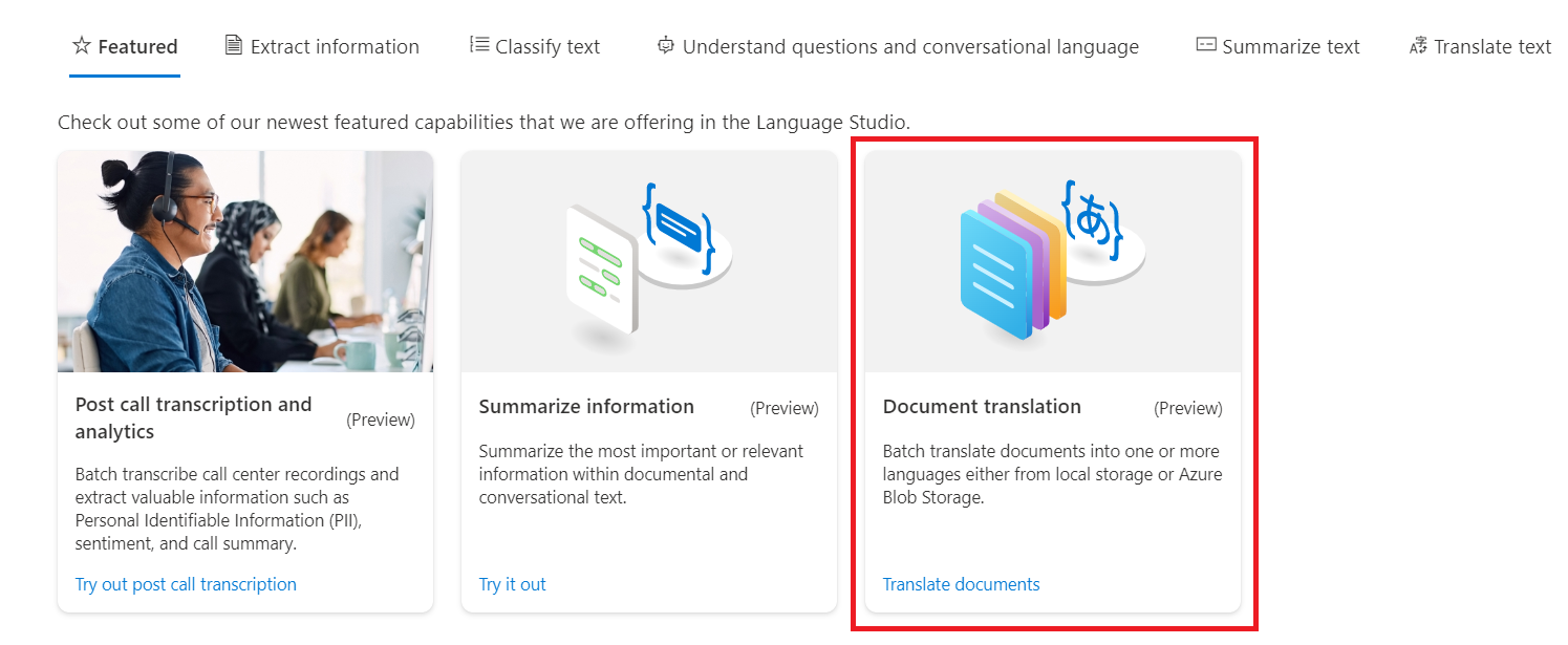 Language Studio 主页的屏幕截图。