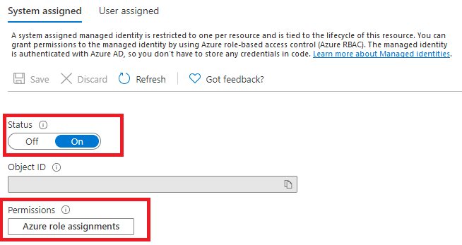 屏幕截图：在 Azure 门户中启用系统分配的托管标识。