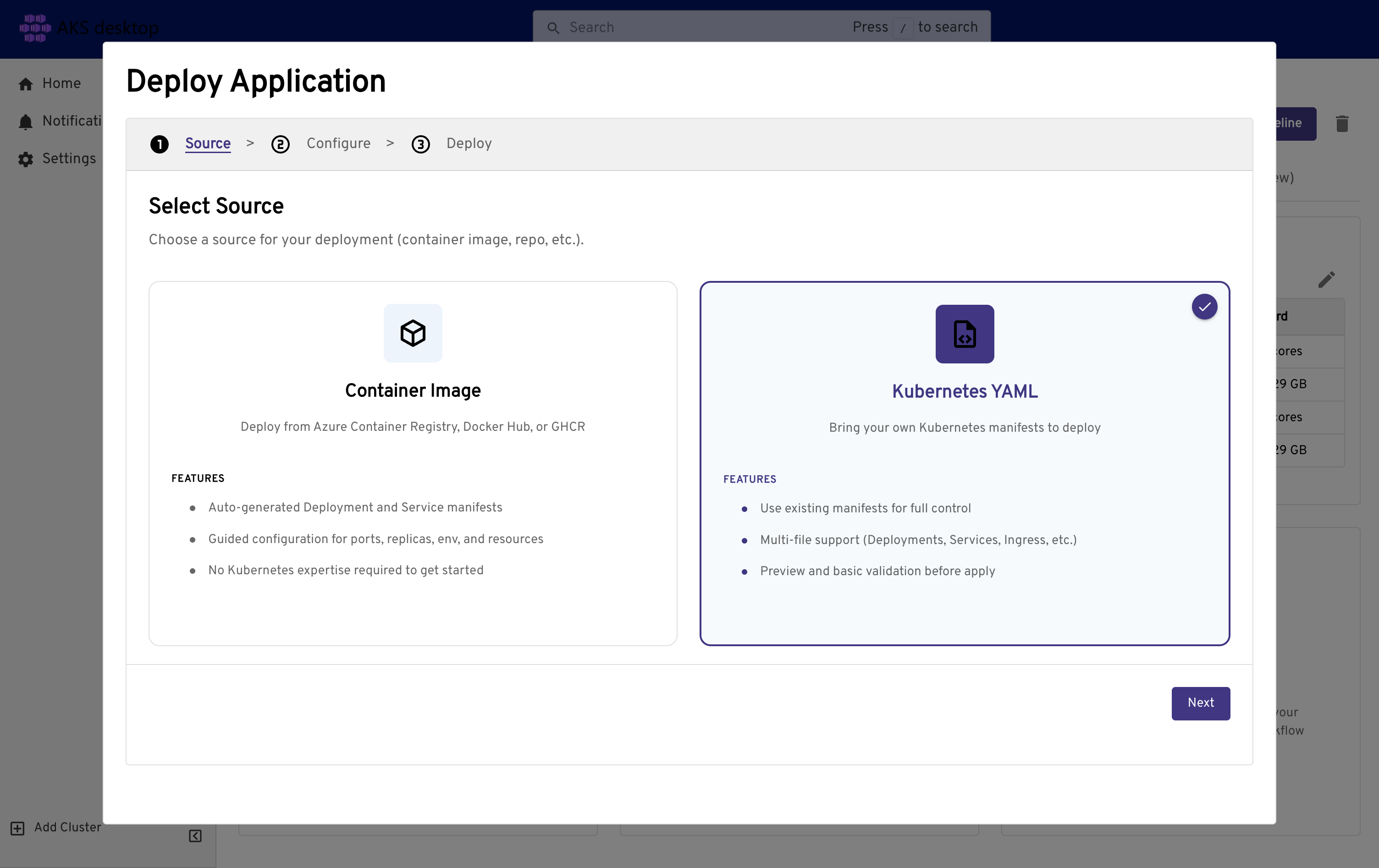 选择应用程序源 Kubernetes YAML