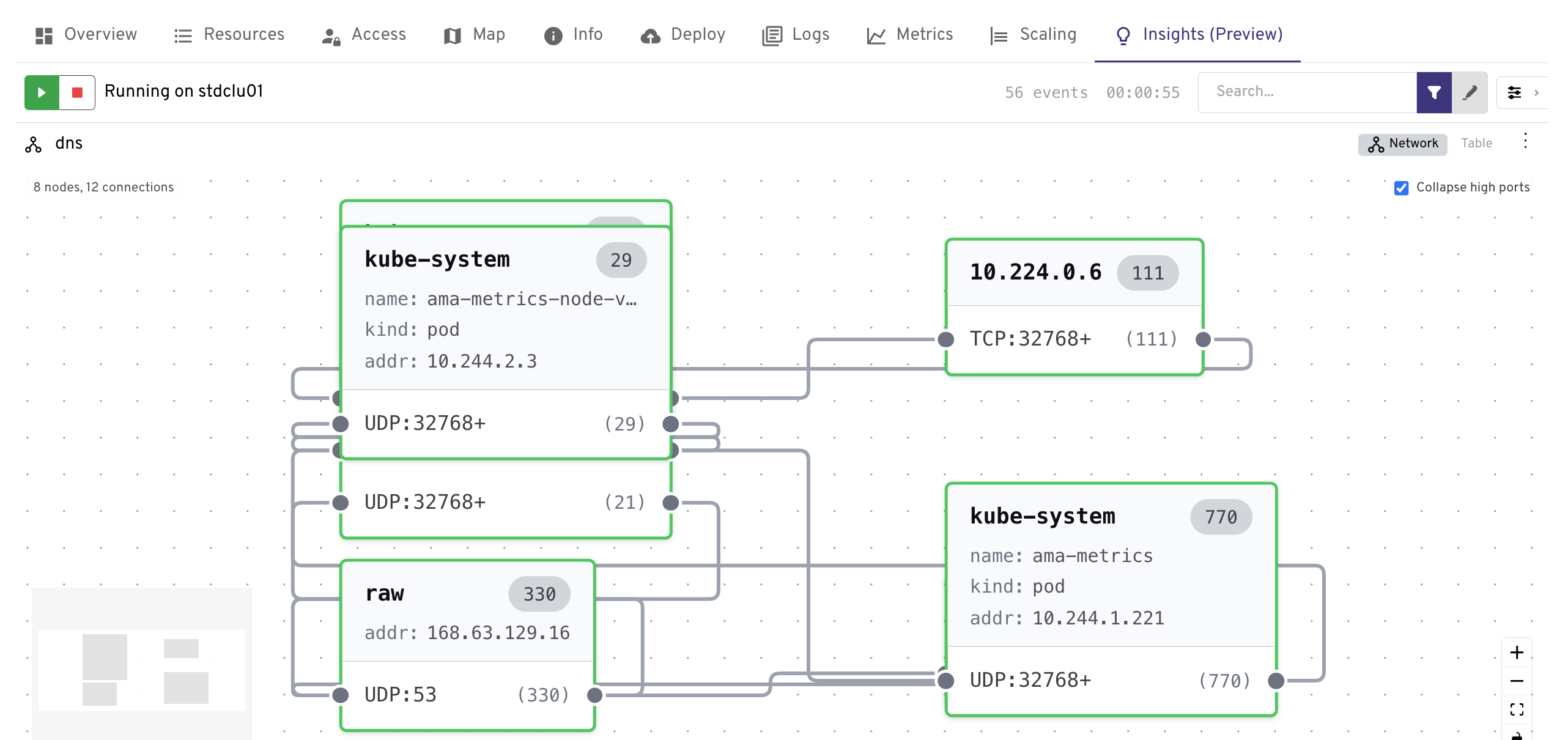 AKS 桌面中 Insights Trace DNS 视图的屏幕截图，显示了每个 Pod 的 DNS 查询、响应和延迟时间。