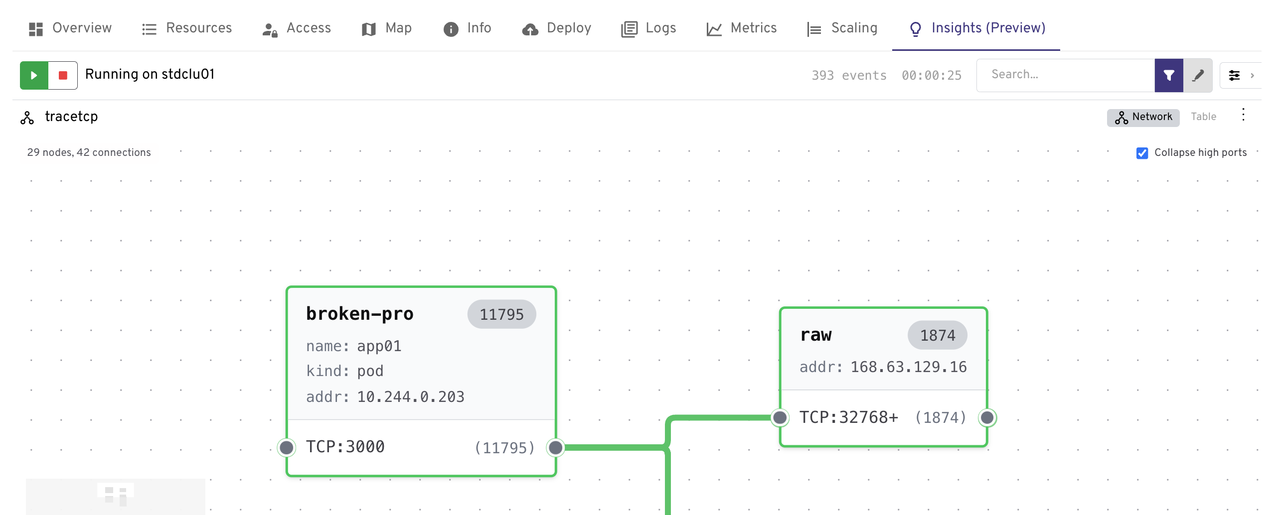 AKS 桌面中 Insights Trace TCP 视图的屏幕截图，其中显示了实时的 Pod 间和与外部的 TCP 连接。
