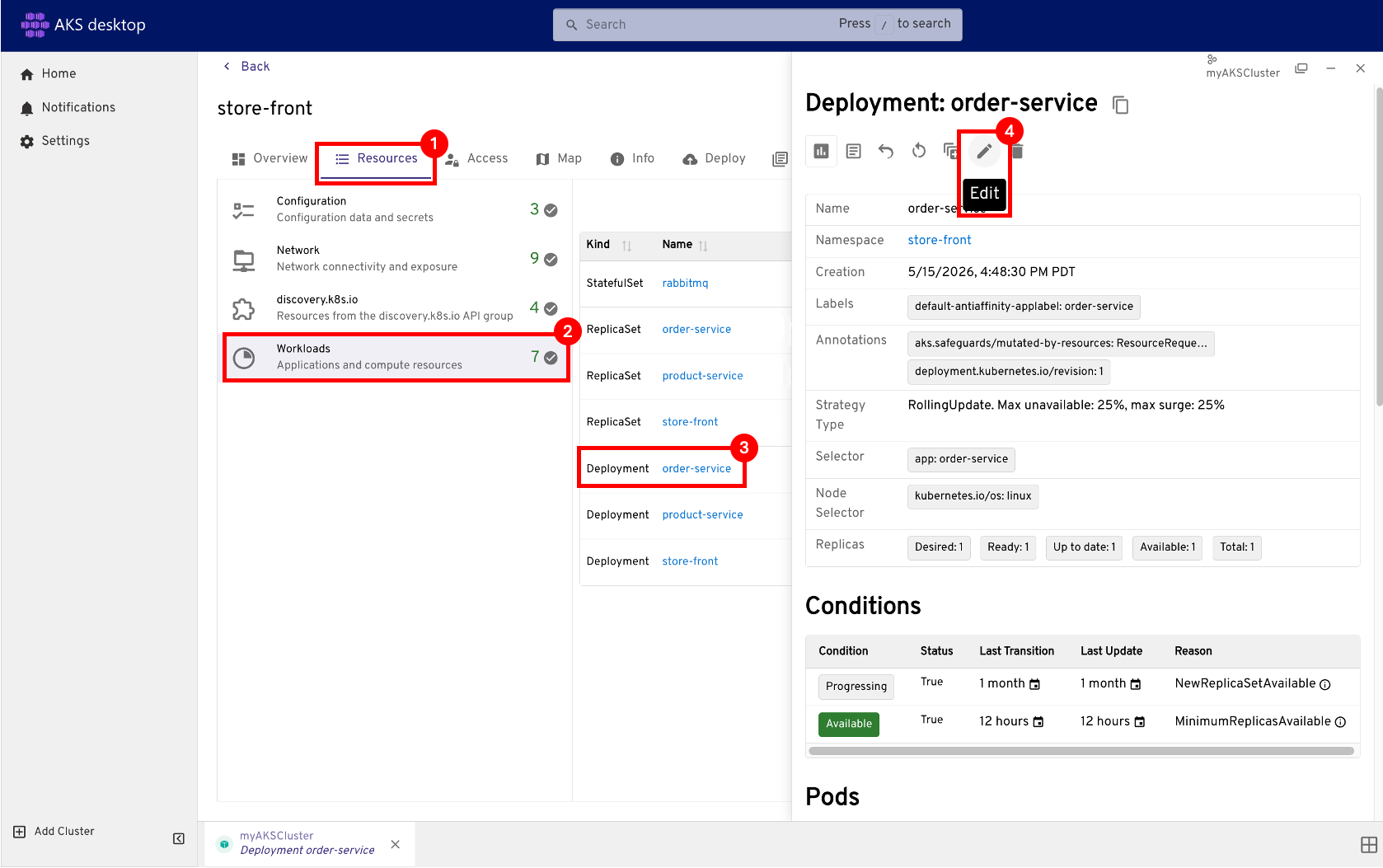 显示编辑部署、资源、工作负载、部署、订单服务的屏幕截图。