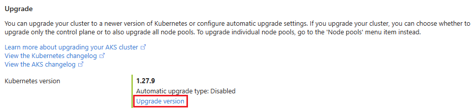 Azure 门户中 AKS 群集的升级边栏选项卡的屏幕截图。