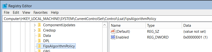屏幕截图显示了 FIPS 算法策略的注册表编辑器的图片，该编辑器正在启用。