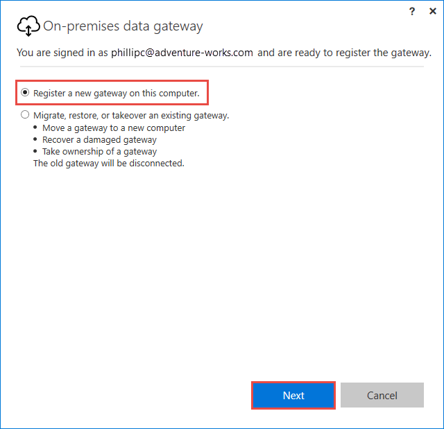 Screenshot that highlights the Register a new gateway on this computer option.