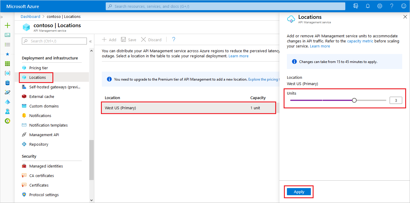 在 Azure 门户中缩放 API 管理服务