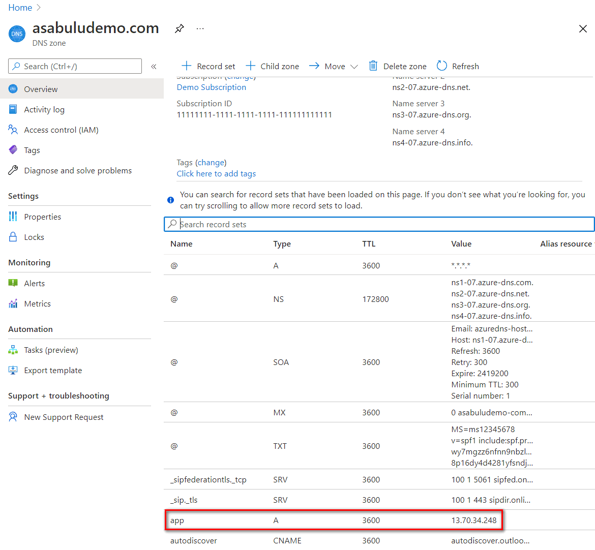 添加记录集以将应用域名映射到应用程序网关的公共 IP 地址的屏幕截图。