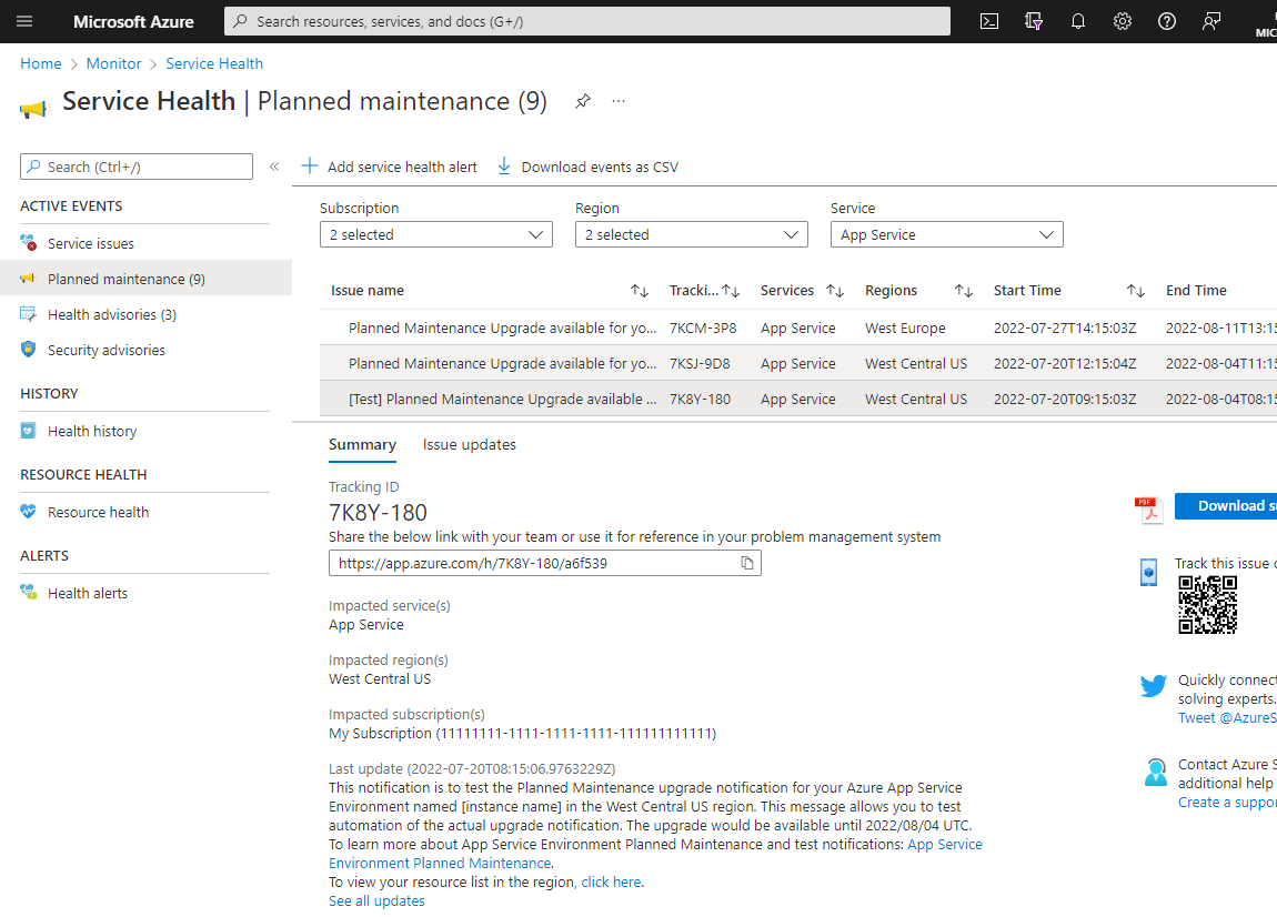 Azure 门户中服务运行状况仪表板的屏幕截图。