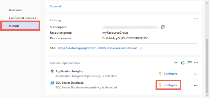 配置 SQL 数据库依赖项