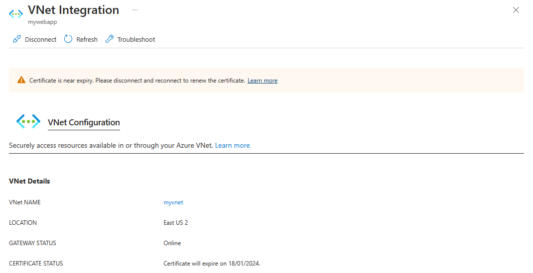 显示即将过期的网关所需的虚拟网络集成证书的屏幕截图。