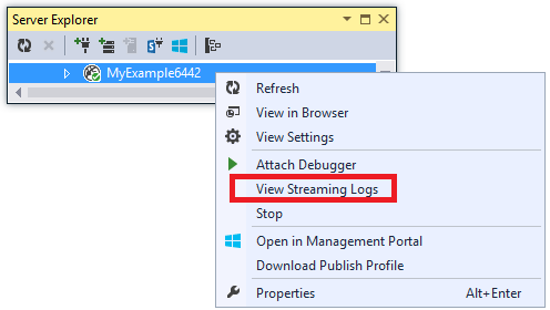 右键单击应用后服务器资源管理器的屏幕截图，其中在新窗口选中了“查看流式处理日志”。