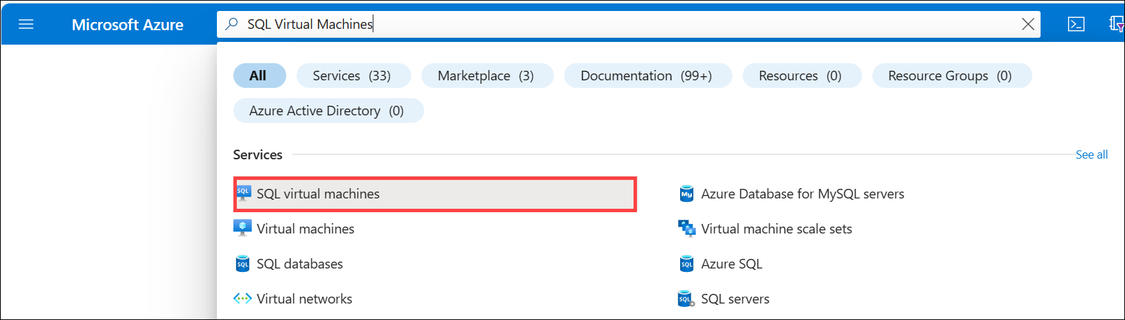 在 Azure 门户中选择 SQL 虚拟机的屏幕截图。