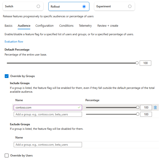 Azure 门户的屏幕截图，显示“创建功能标志”功能中“Rollout”选项的“受众”选项卡。