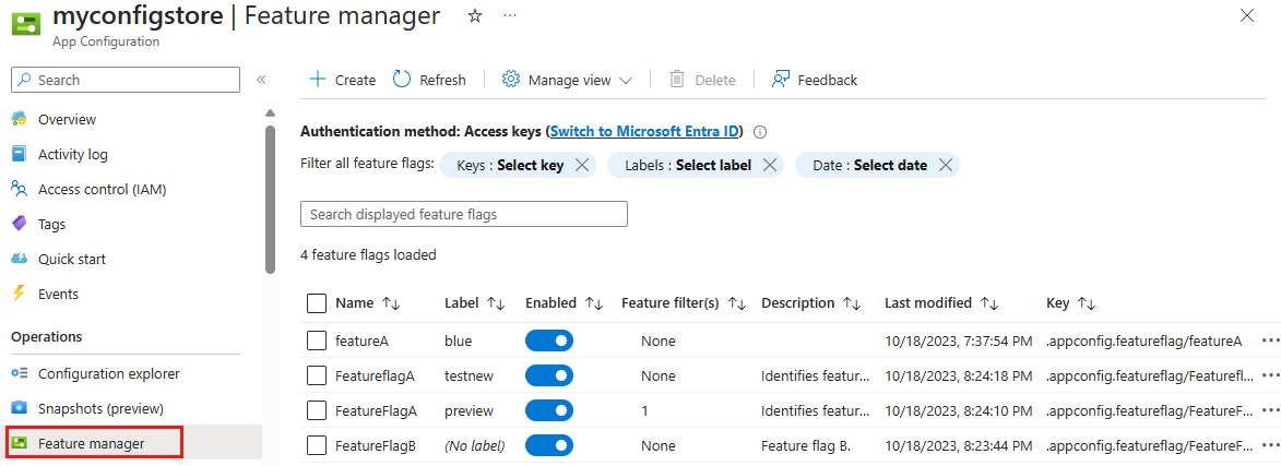 Azure 平台的屏幕截图。编辑功能标志列。