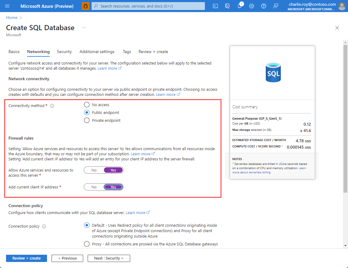 Azure SQL 资源的网络设置的屏幕截图。