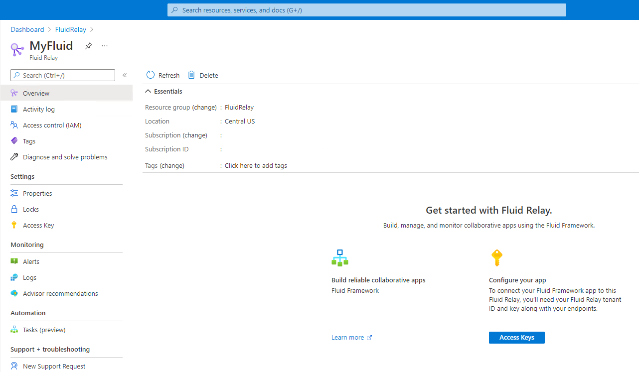 A screenshot of an example details page for a deployed Fluid Relay resource.