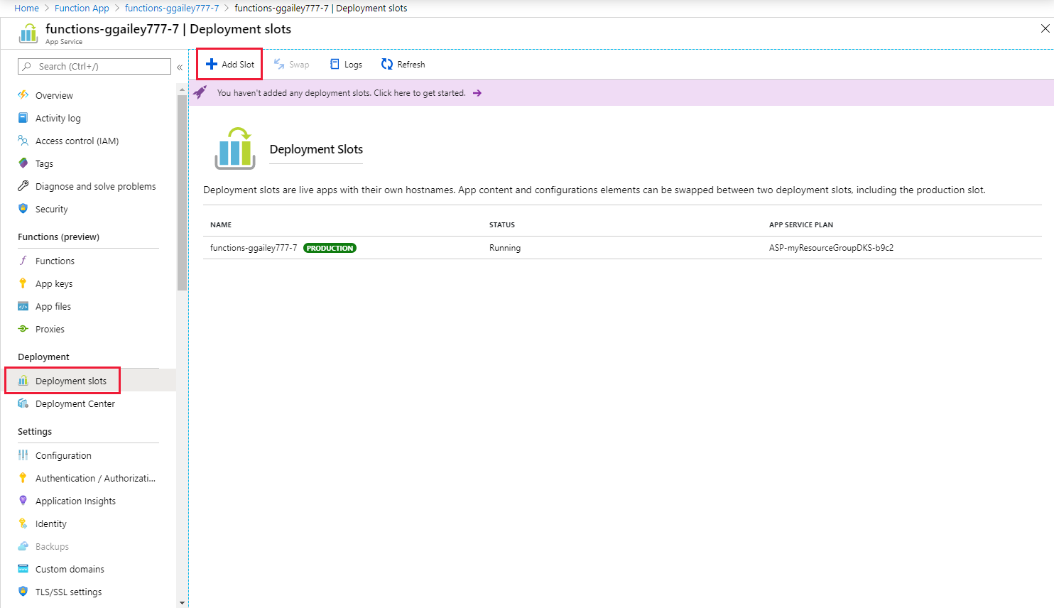 添加 Azure Functions 部署槽。