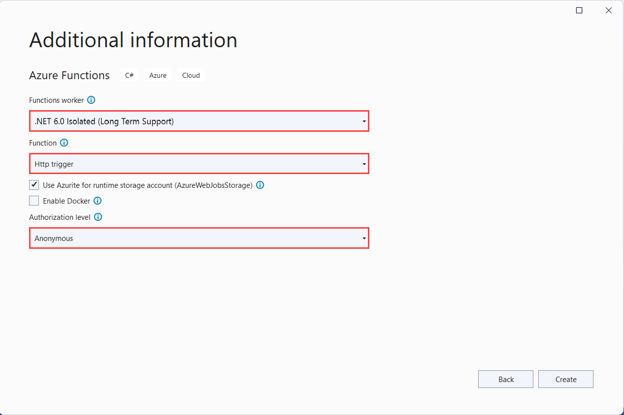 Azure Functions 项目设置的屏幕截图