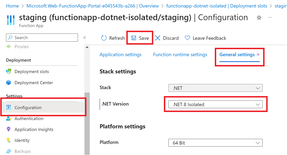 有关如何在 Azure 门户中为函数应用设置所需 .NET 版本的屏幕截图。