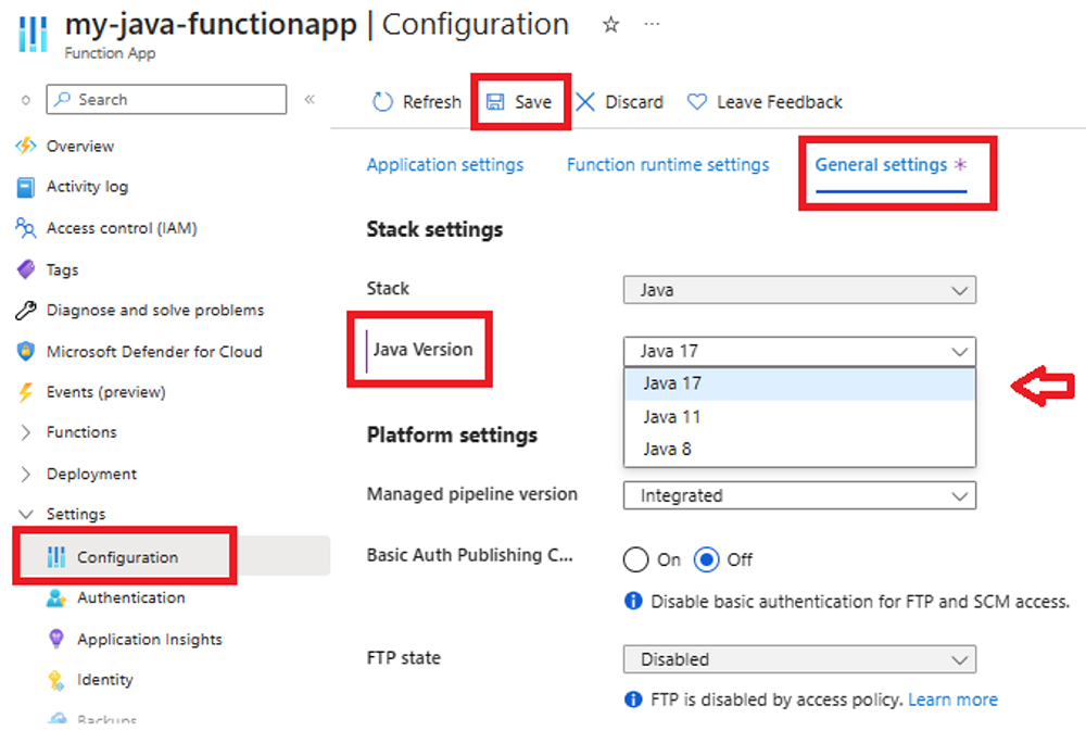 如何在 Azure 门户中为函数应用设置所需 Java 版本的屏幕截图。